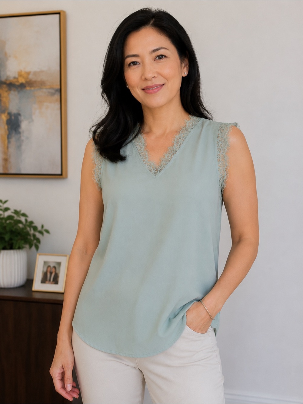 Lace-Trim V-Neck Camisole in Mint Green